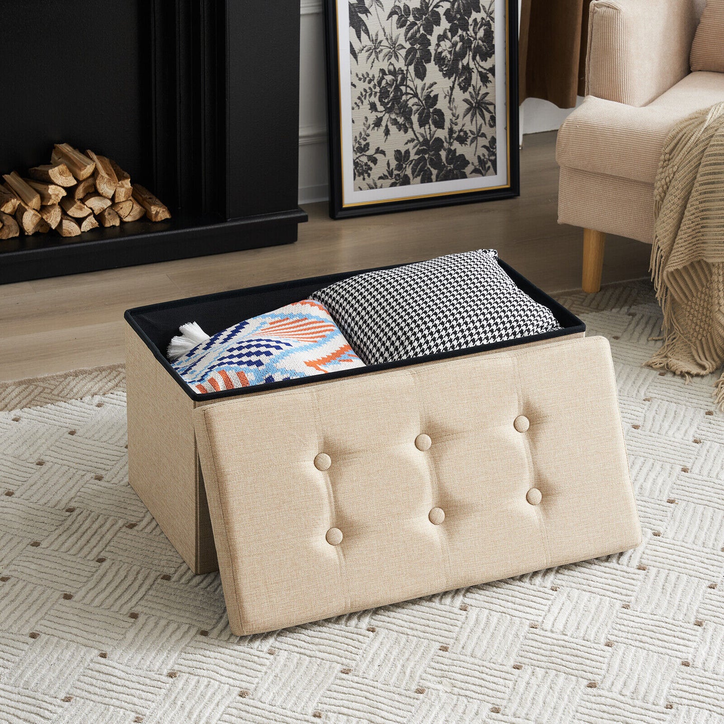 Folding Ottoman Storage Box Pouffe Seat Stool Home Chair Foot stool Bench LINEN