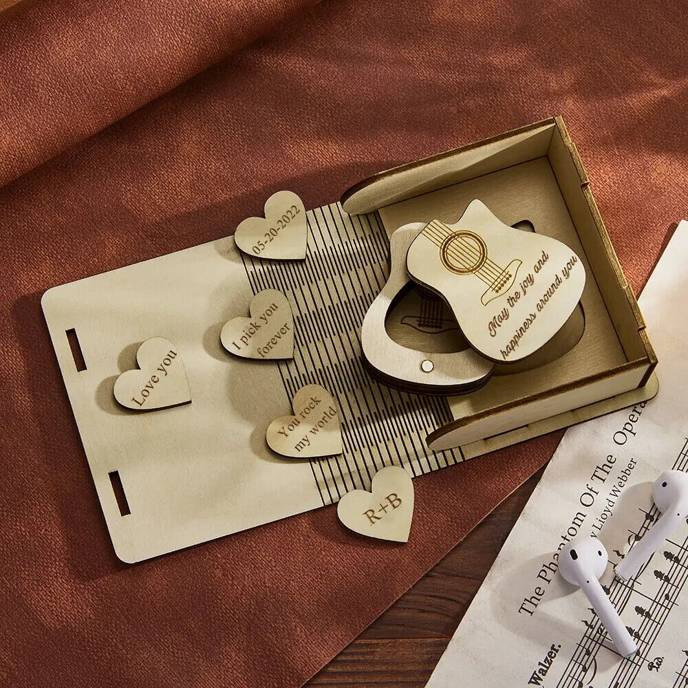 Personalised Custom Heart Guitar Picks with Guitar Shaped Box Engrave Wooden Box