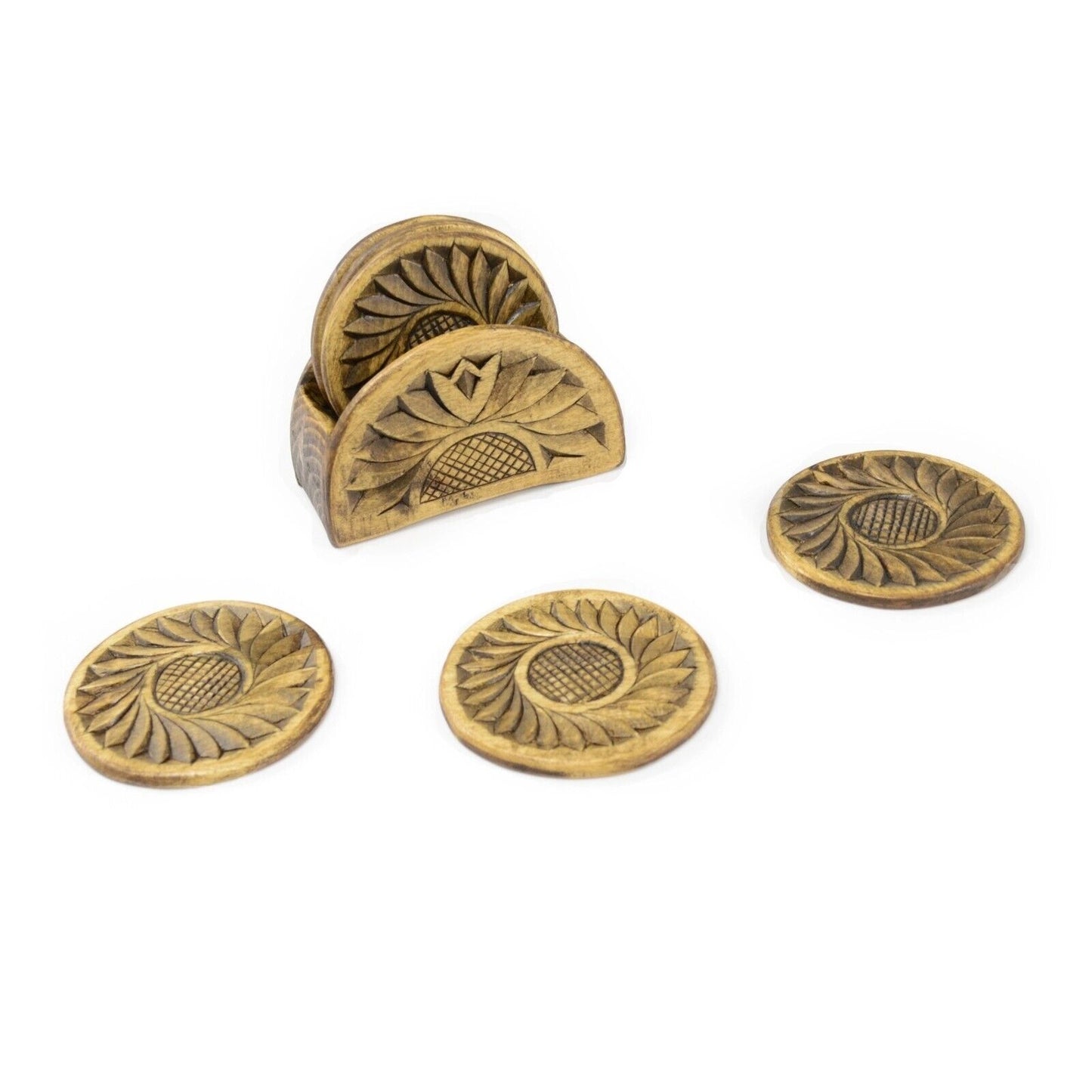 Drink Coaster Set With Holder 4pcs Natural Wooden Carved Coasters Tea Coffee Cup