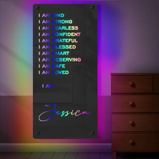Personalised Affirmations Mirror, LED Custom Illuminated Light Up Bedroom Sign