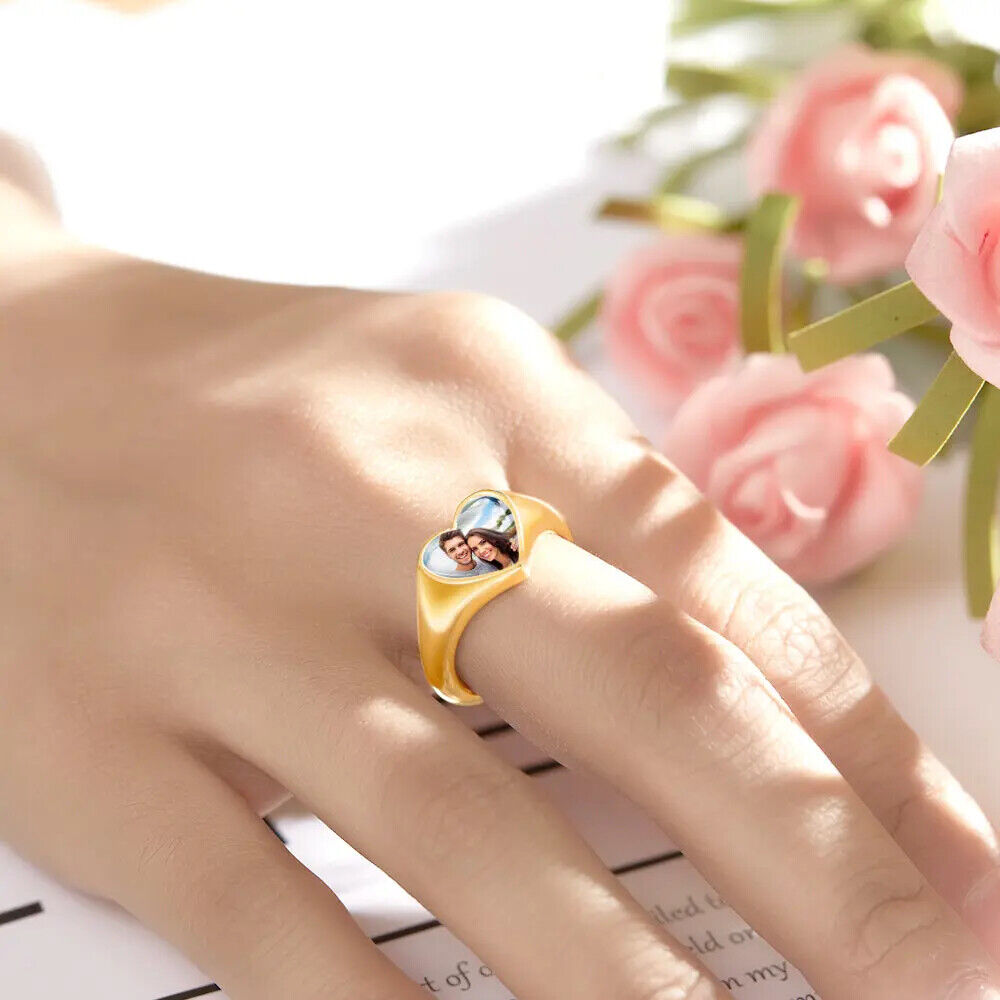 Photo Engraved Heart Ring Personalised With Image Birthday Womens Jewellery Gift