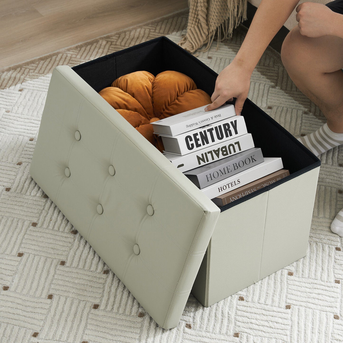Folding Ottoman Storage Box Pouffe Seat Stool Home Chair Foot stool Bench LINEN