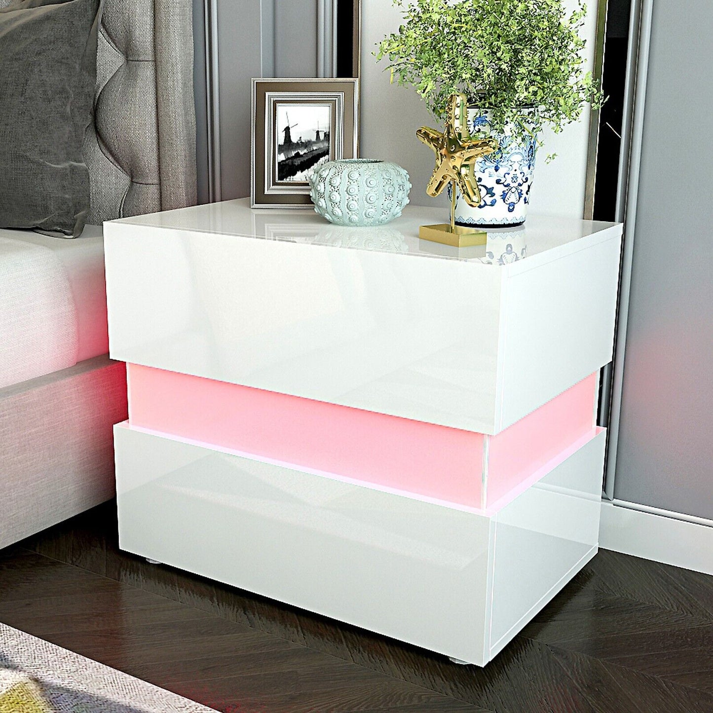 Bedside Table RGB LED Nightstand 2 Drawers  Side High Gloss White