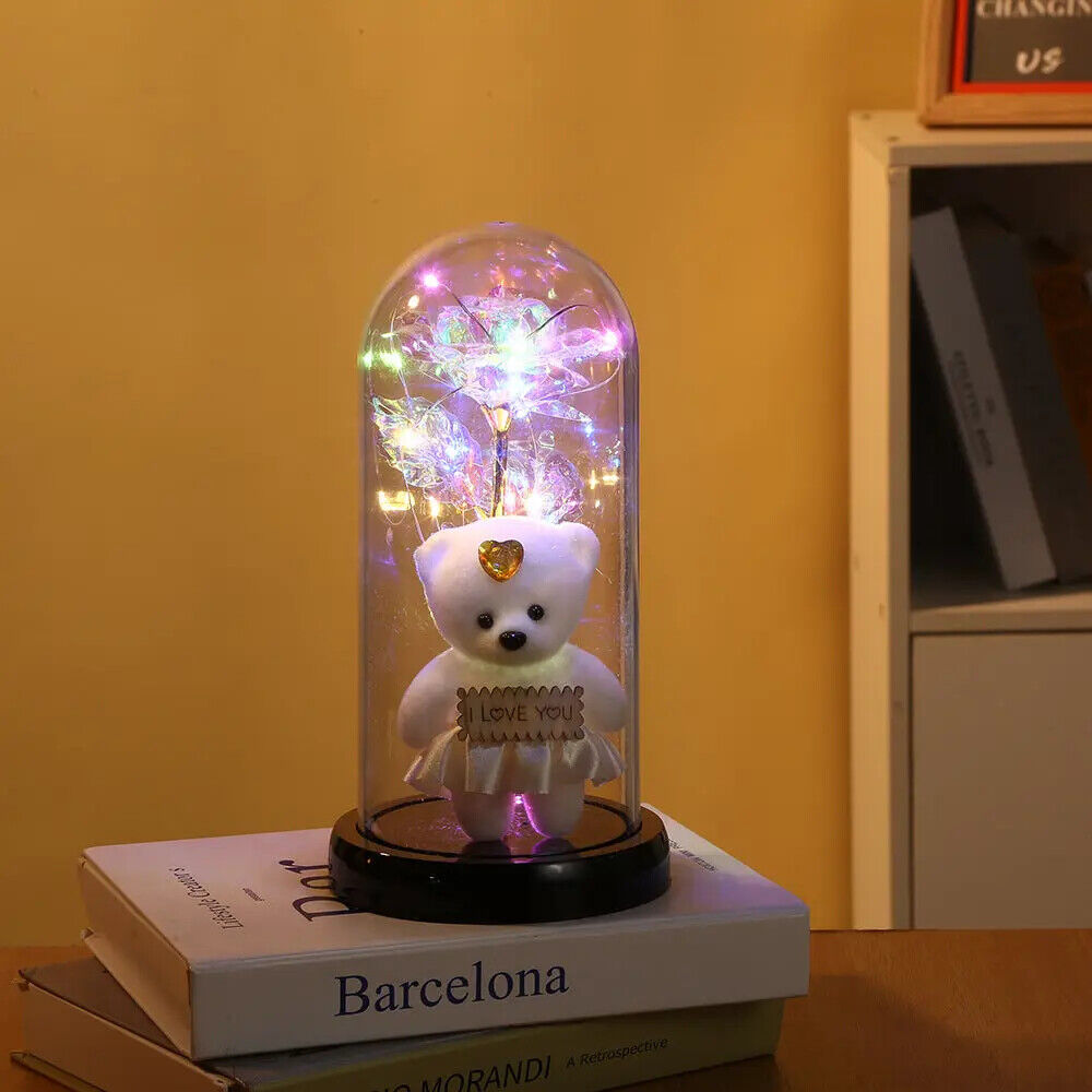 Light Up Rose in Glass Dome Infinity Flower Birthday Bear Gift For Her Xmas Gift