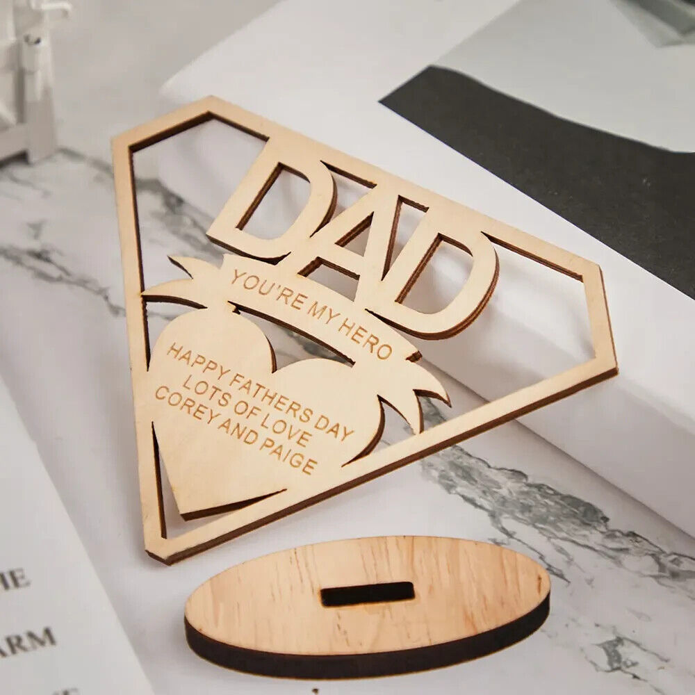 Personalised Fathers Day Name Dad Custom Engraved Wooden Plaque Stand Gift