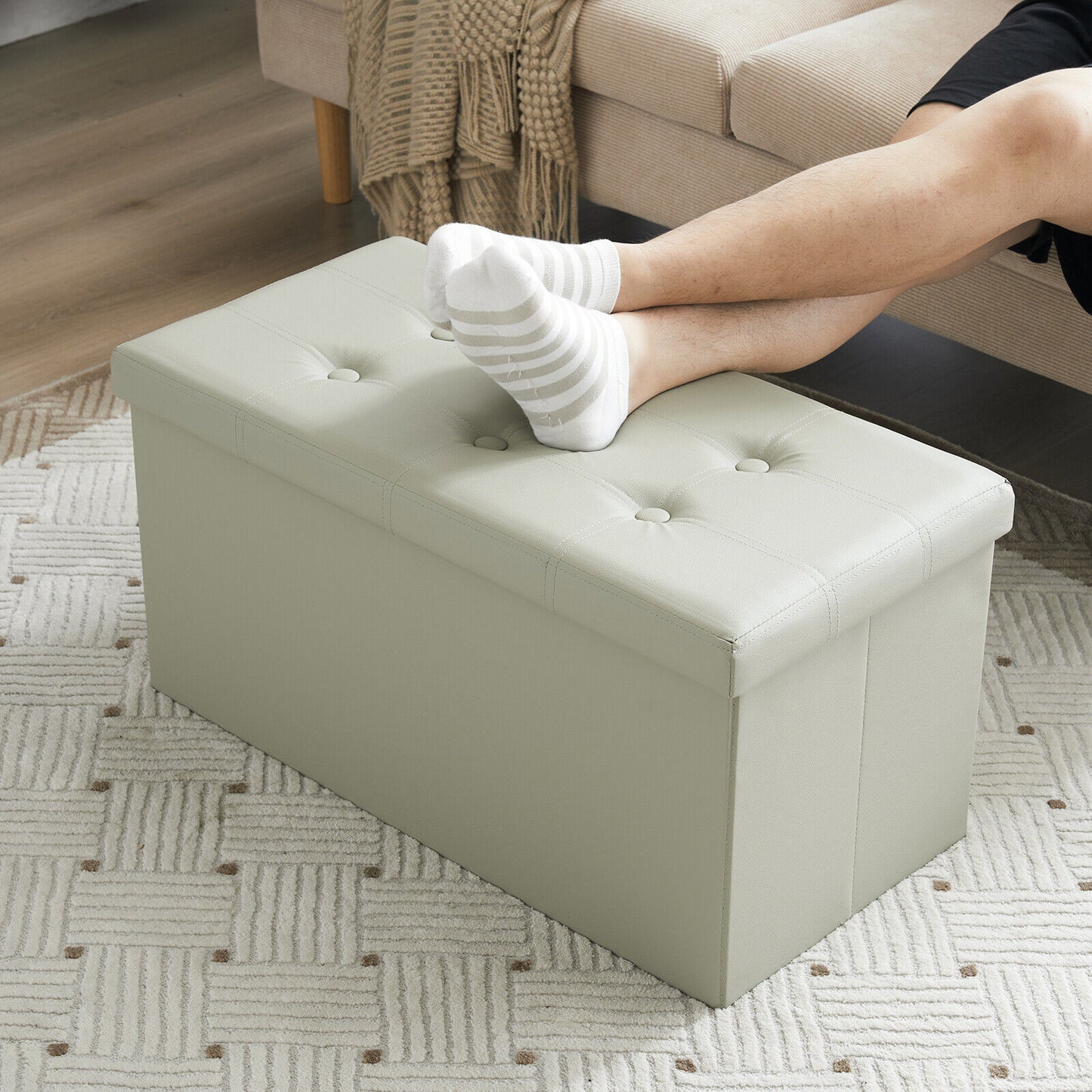 Folding Ottoman Storage Box Pouffe Seat Stool Home Chair Foot stool Bench LINEN