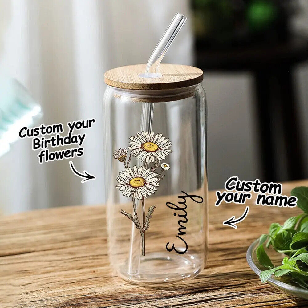 Personalized Name Can Glass with Colorful Birth Flower Custom Can Glass w Straw