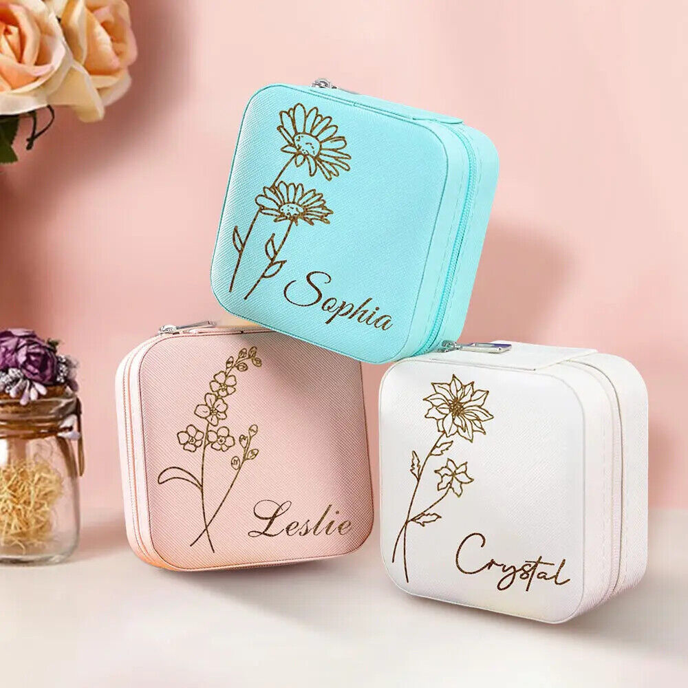 Personalised Custom Birth Flower Jewellery Box Organizer Storage Case Box Gift