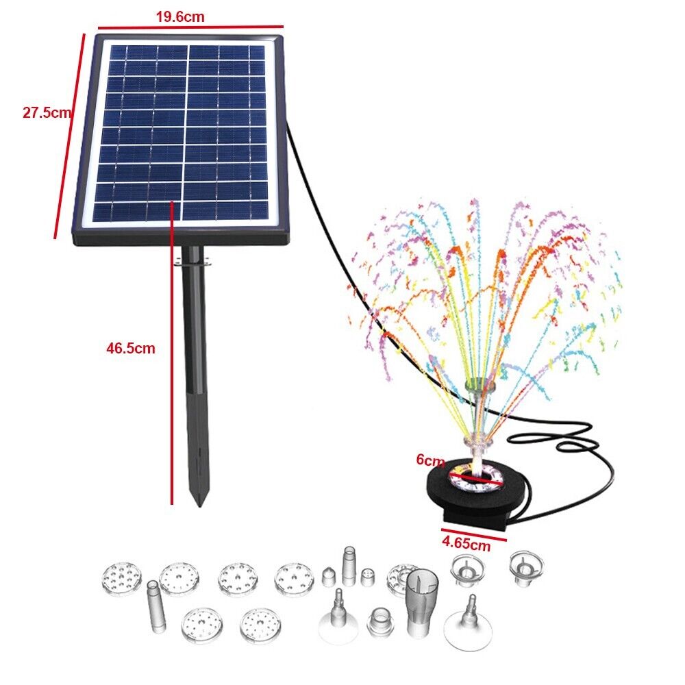 7W Solar Powered Fountain Coloured LED Water Pump with 11 Nozzles Garden UKStock