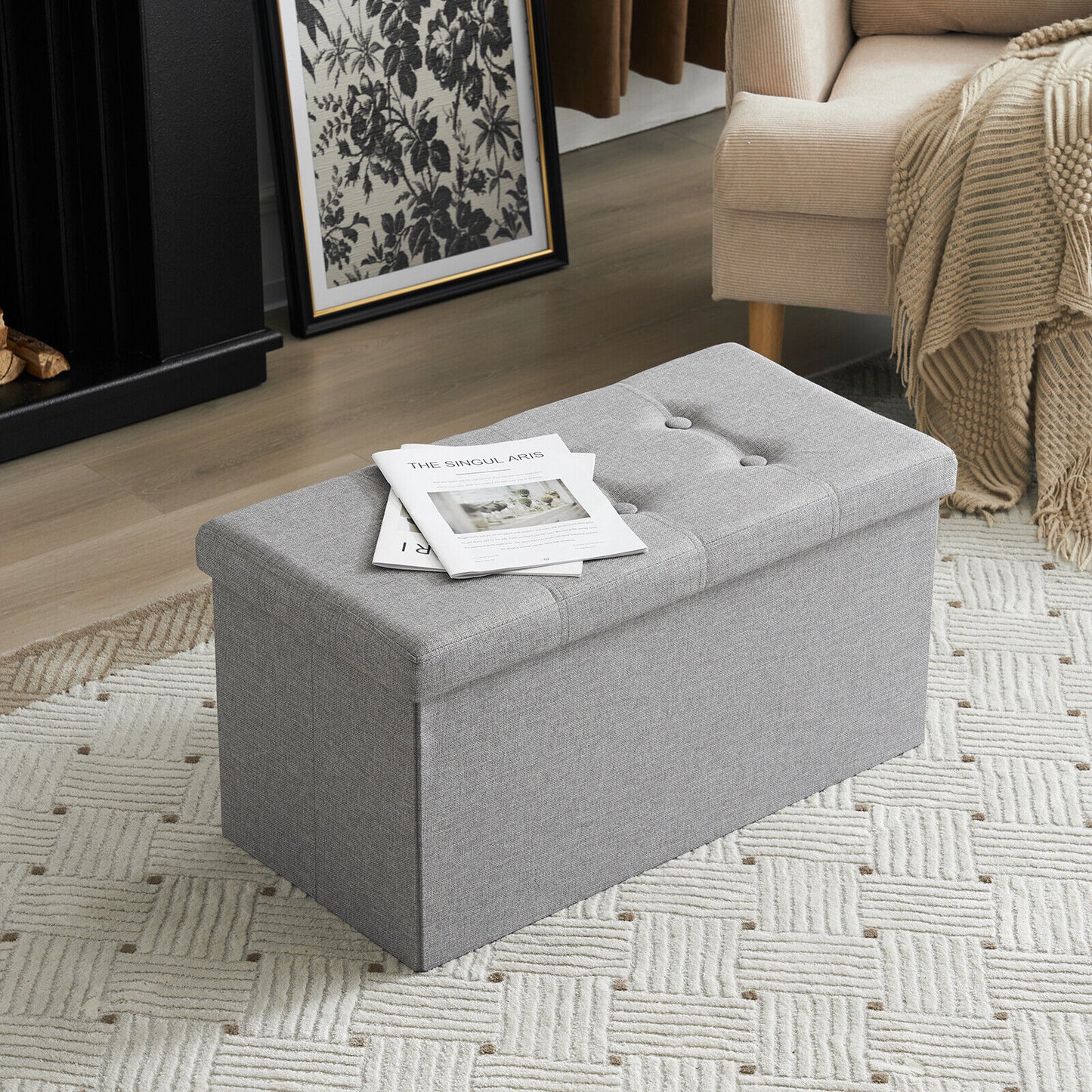 Folding Ottoman Storage Box Pouffe Seat Stool Home Chair Foot stool Bench LINEN