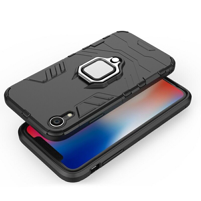 Hybrid Ring Armor Case 360 Ring Stand Holder Magnetic Cover for iPhone XR, Black
