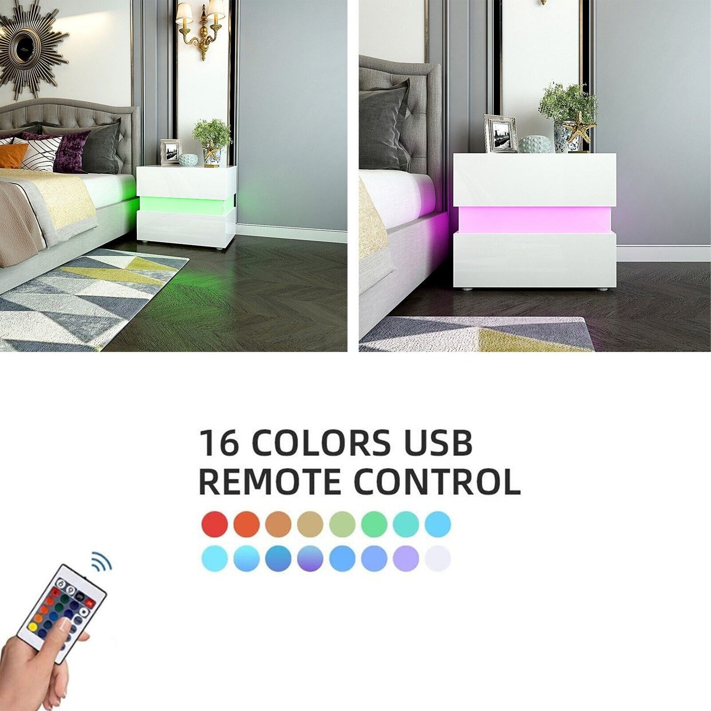 Bedside Table RGB LED Nightstand 2 Drawers  Side High Gloss White