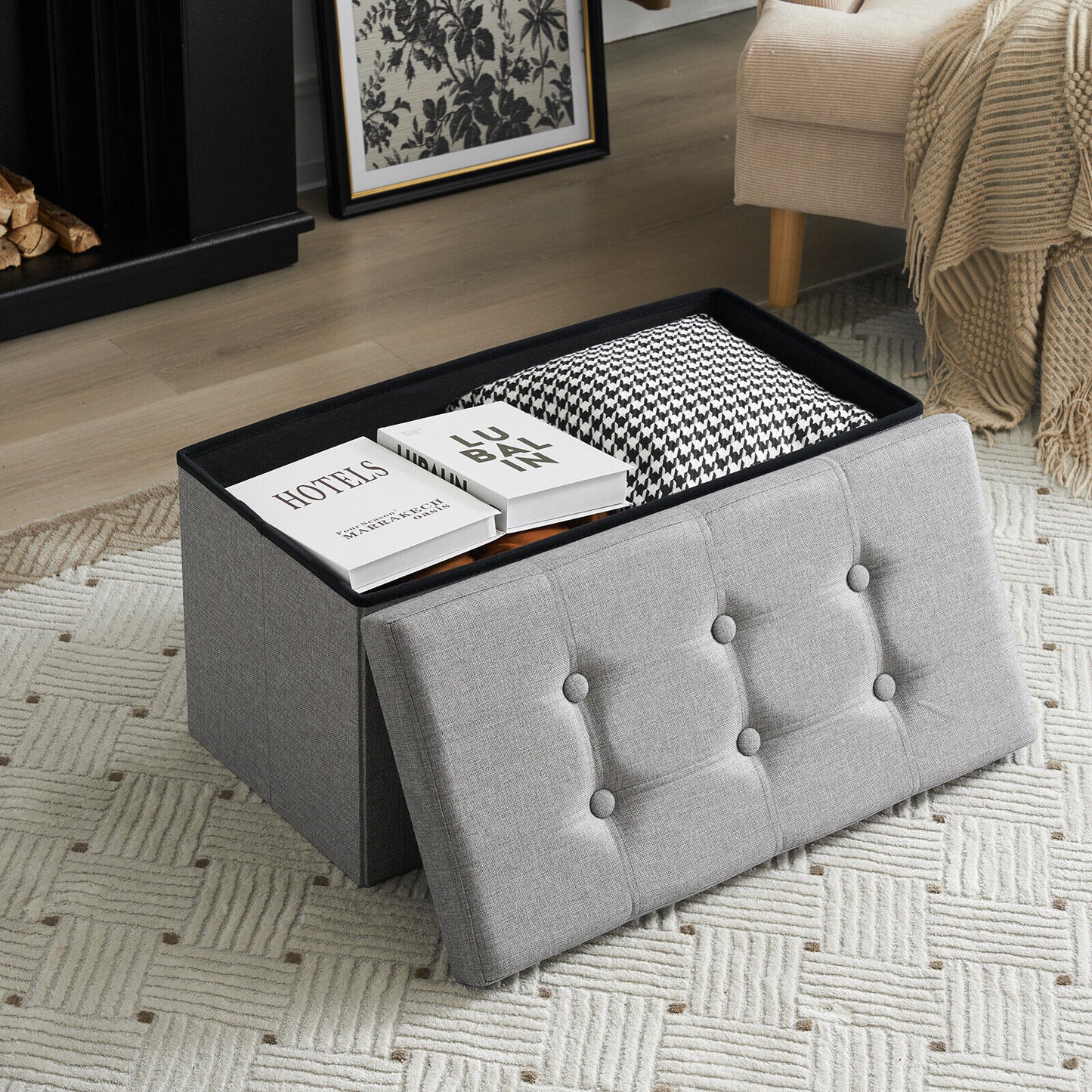 Folding Ottoman Storage Box Pouffe Seat Stool Home Chair Foot stool Bench LINEN