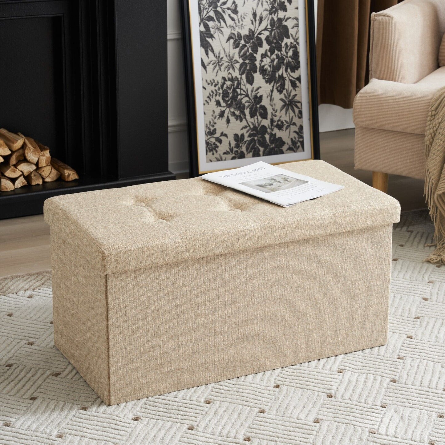 Folding Ottoman Storage Box Pouffe Seat Stool Home Chair Foot stool Bench LINEN