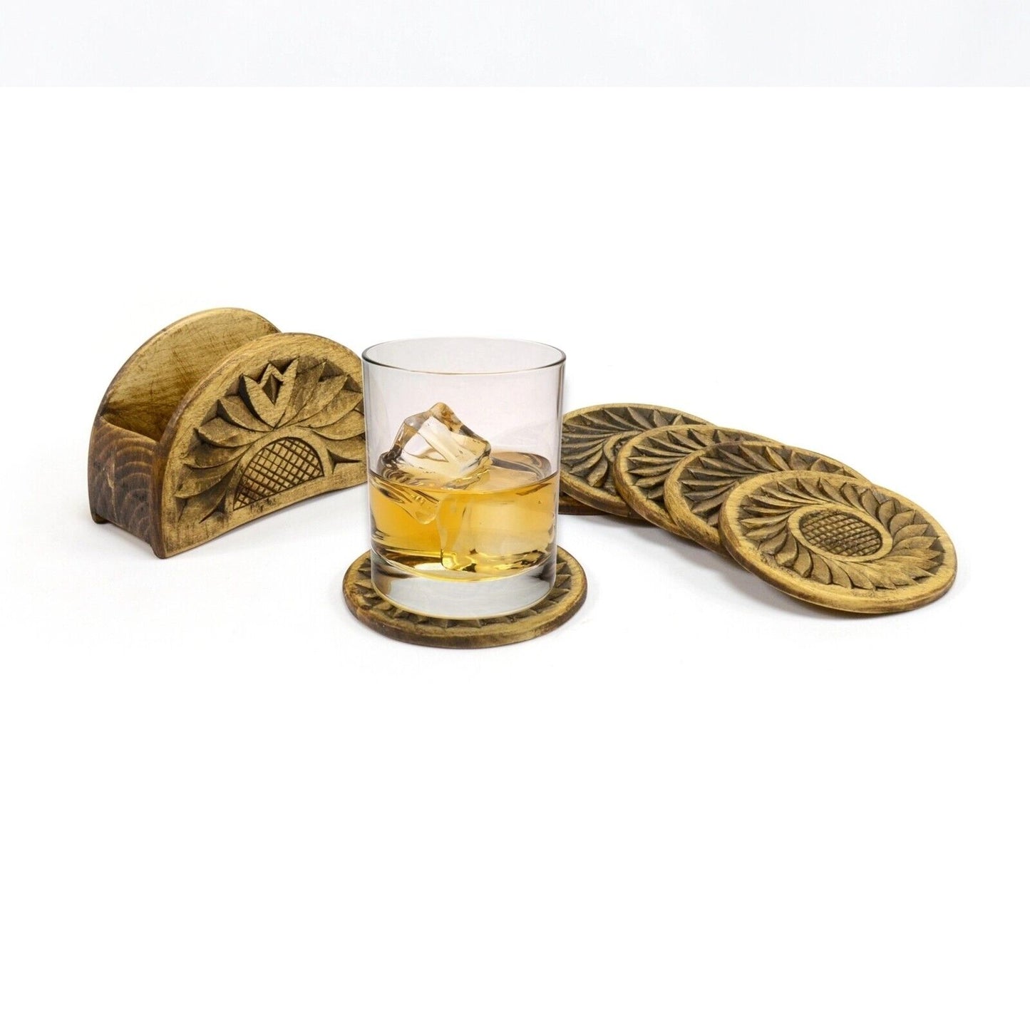 Drink Coaster Set With Holder 4pcs Natural Wooden Carved Coasters Tea Coffee Cup
