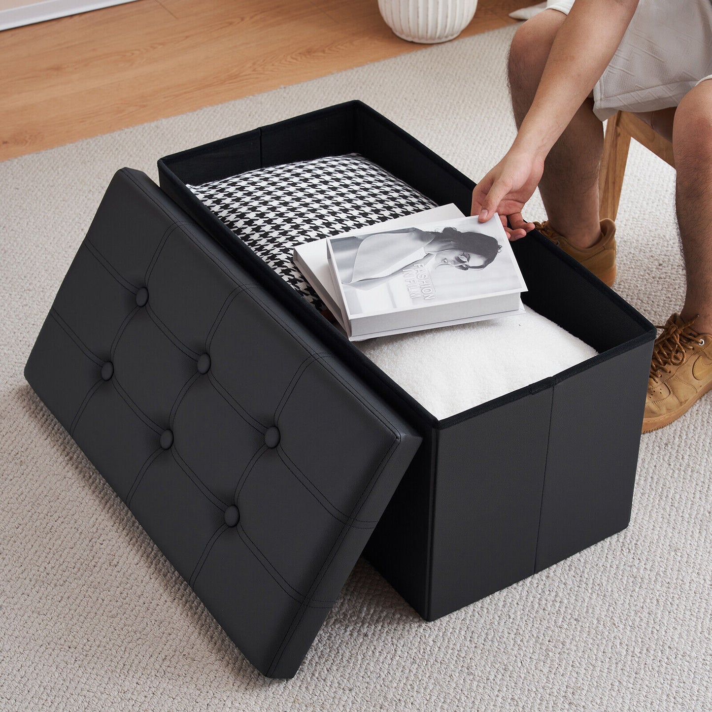 Folding Ottoman Storage Box Pouffe Seat Stool Home Chair Foot stool Bench LINEN