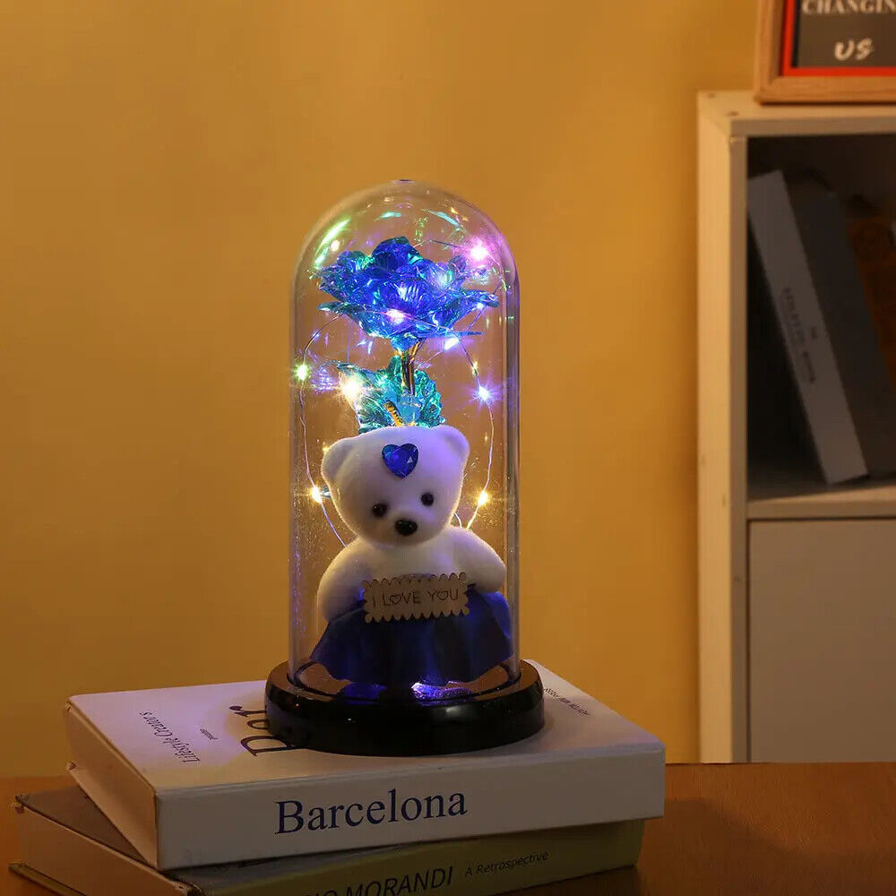Light Up Rose in Glass Dome Infinity Flower Birthday Bear Gift For Her Xmas Gift