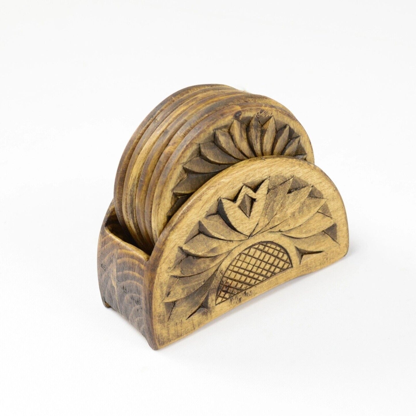 Drink Coaster Set With Holder 4pcs Natural Wooden Carved Coasters Tea Coffee Cup