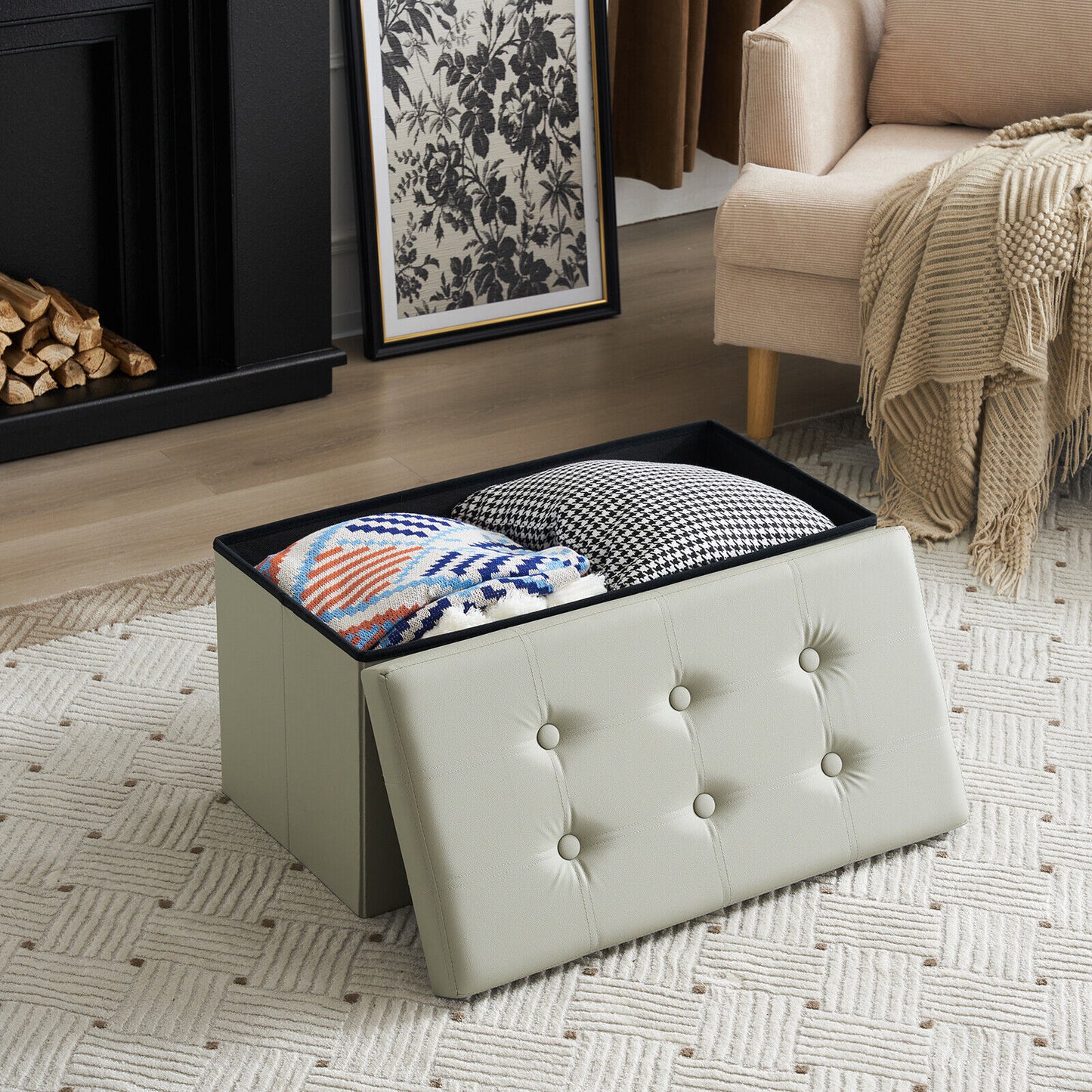 Folding Ottoman Storage Box Pouffe Seat Stool Home Chair Foot stool Bench LINEN