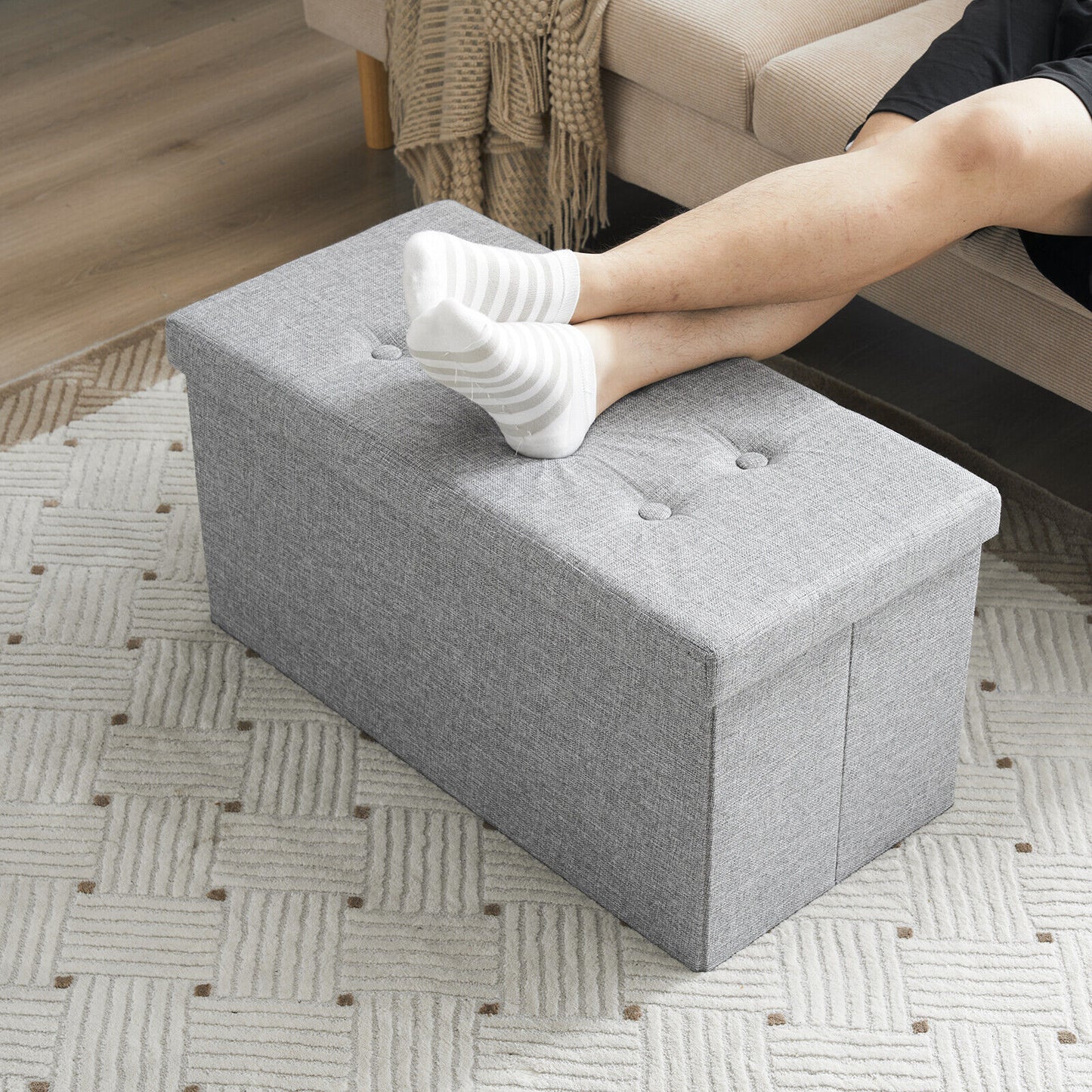 Folding Ottoman Storage Box Pouffe Seat Stool Home Chair Foot stool Bench LINEN
