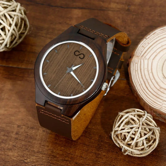 PERSONALISED Wooden Watch Leather Luxury Unisex Gents Ladies Wood Engraved Names