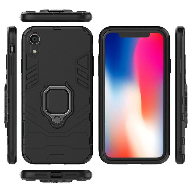 Hybrid Ring Armor Case 360 Ring Stand Holder Magnetic Cover for iPhone XR, Black