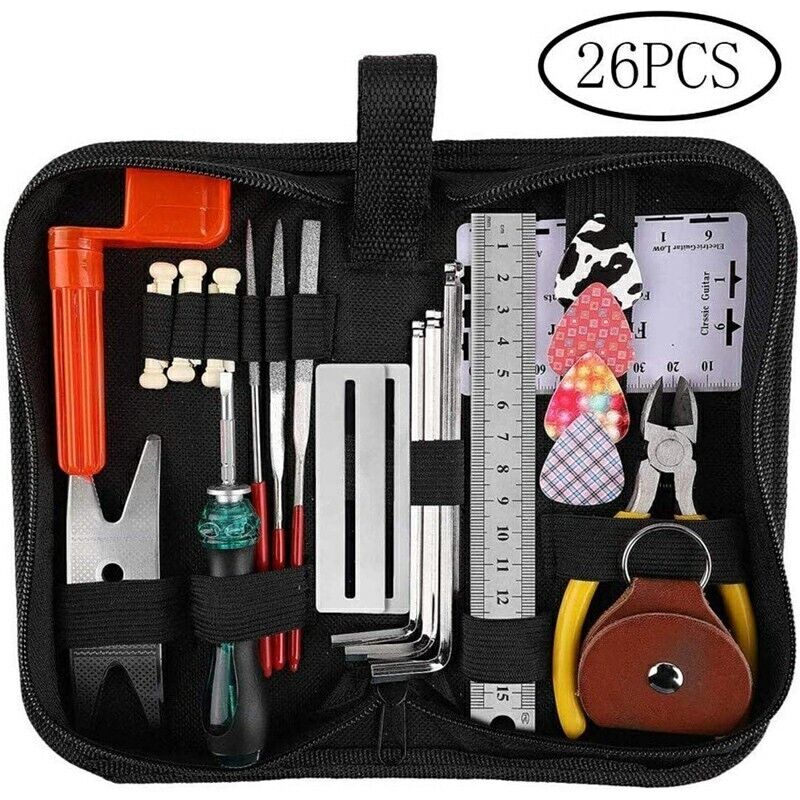 26Pcs Guitar Care Cleaning Repair Tool Kit Wire Plier Ruler Organizer Protector