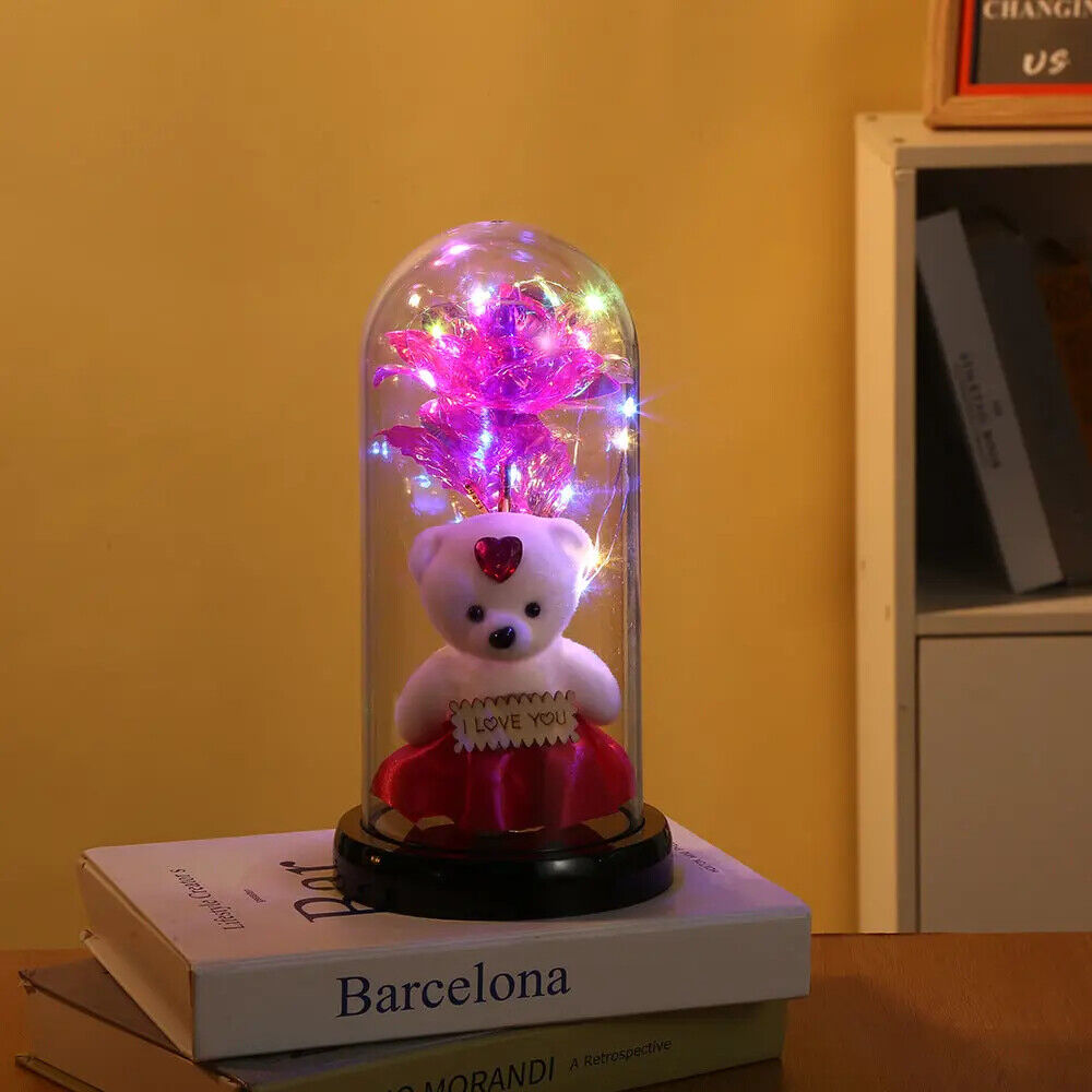 Light Up Rose in Glass Dome Infinity Flower Birthday Bear Gift For Her Xmas Gift