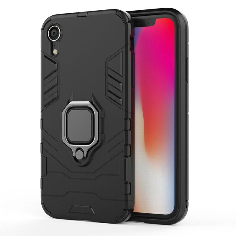 Hybrid Ring Armor Case 360 Ring Stand Holder Magnetic Cover for iPhone XR, Black