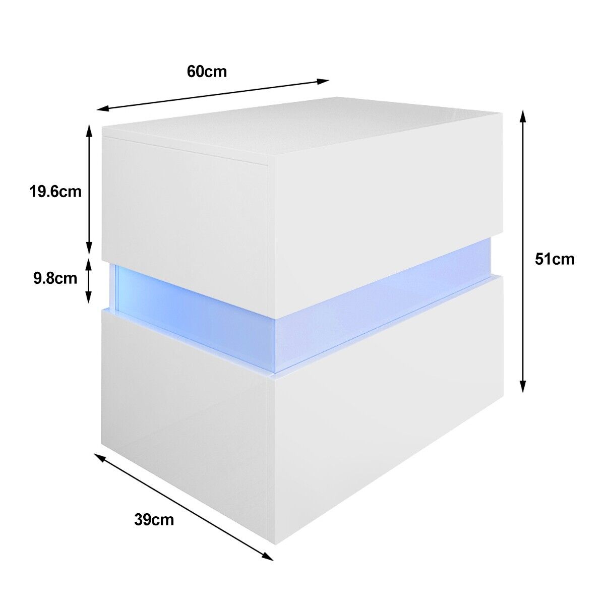 Bedside Table RGB LED Nightstand 2 Drawers  Side High Gloss White