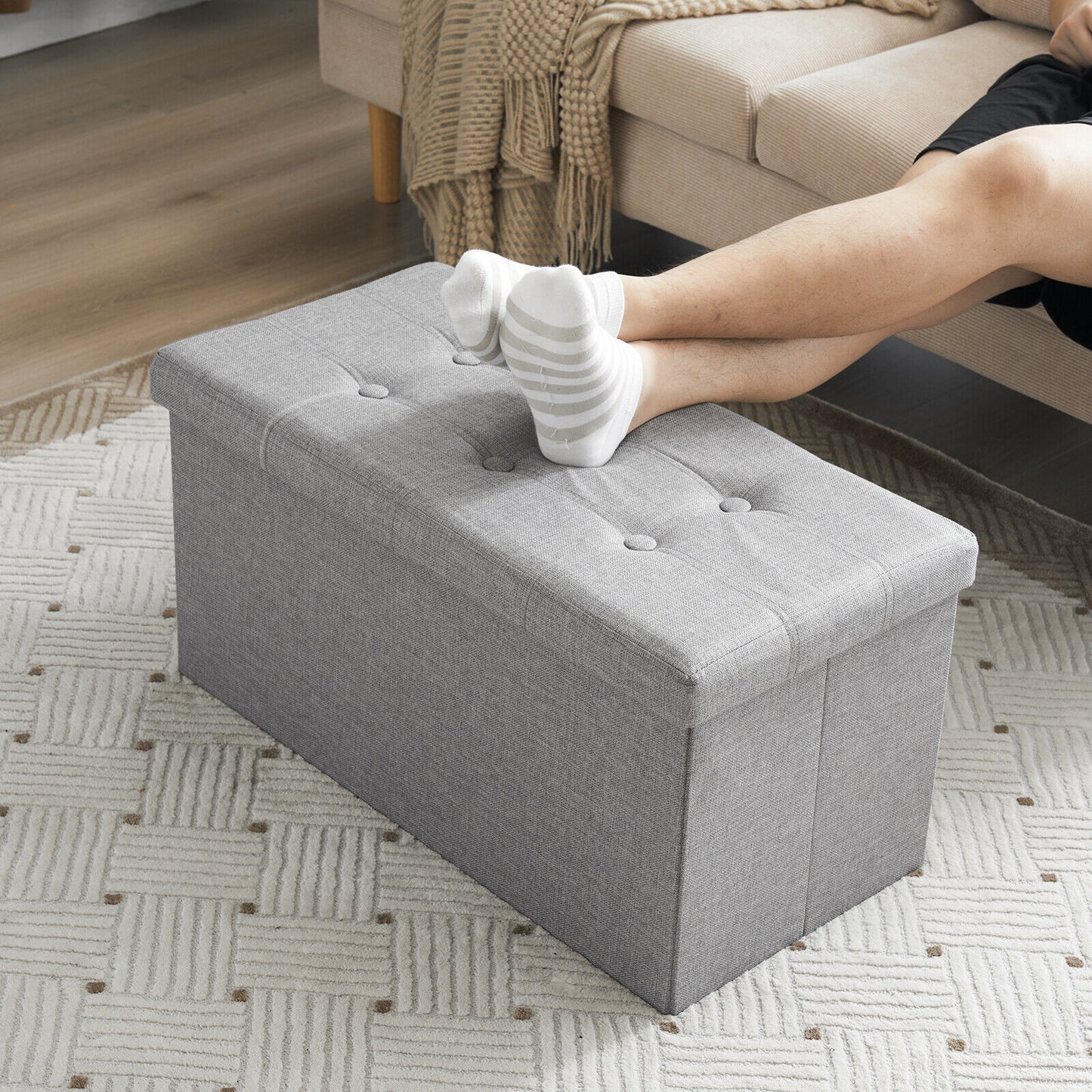 Folding Ottoman Storage Box Pouffe Seat Stool Home Chair Foot stool Bench LINEN