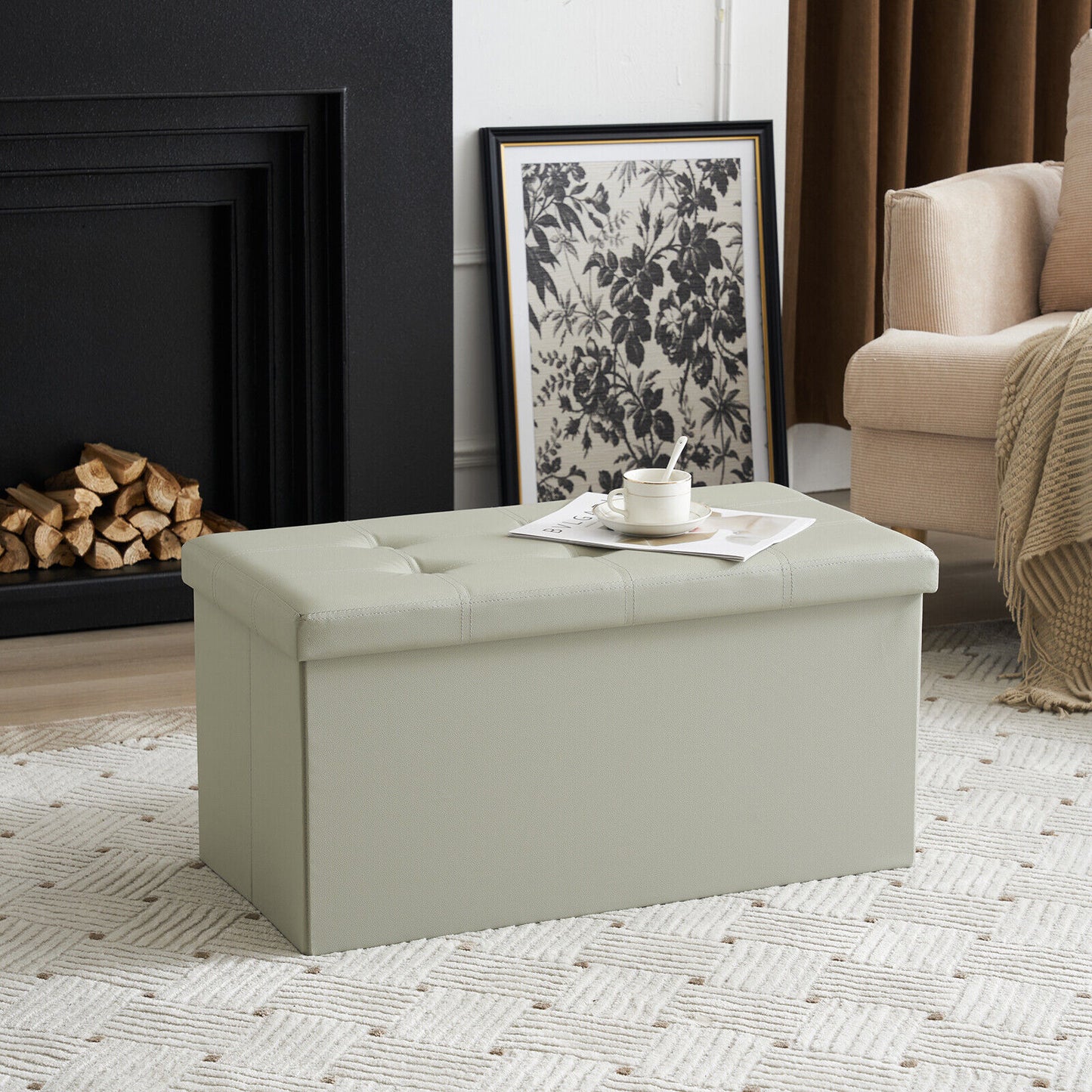 Folding Ottoman Storage Box Pouffe Seat Stool Home Chair Foot stool Bench LINEN
