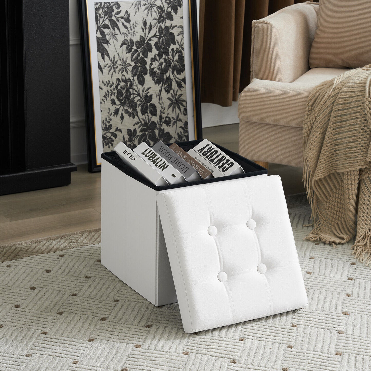 Folding Ottoman Storage Box Pouffe Seat Stool Home Chair Foot stool Bench LINEN