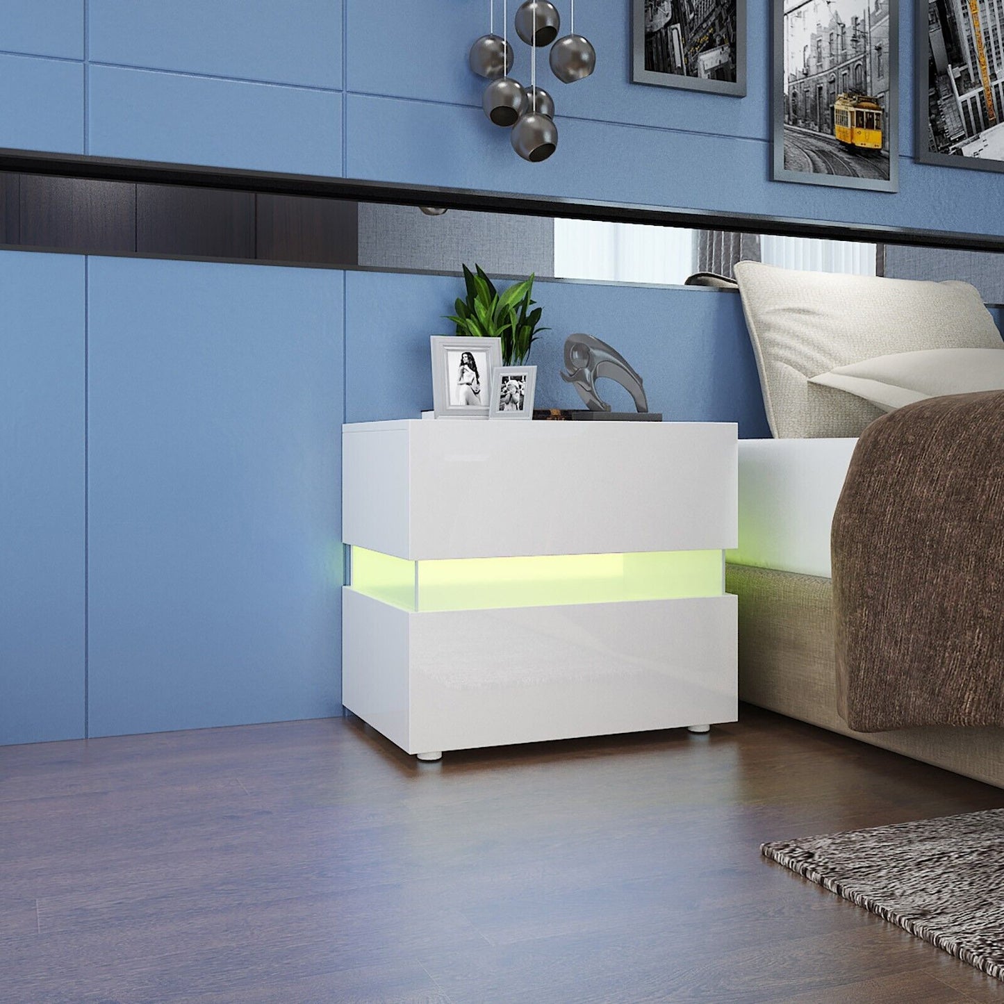 Bedside Table RGB LED Nightstand 2 Drawers  Side High Gloss White