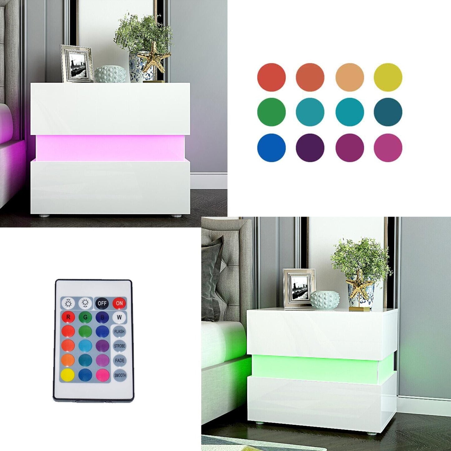 Bedside Table RGB LED Nightstand 2 Drawers  Side High Gloss White