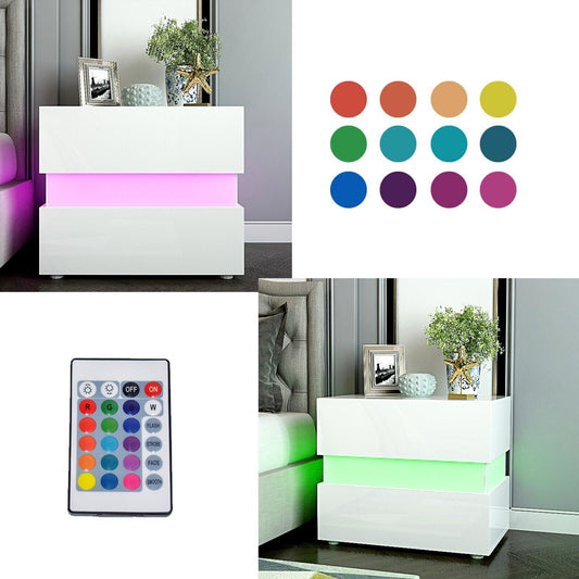 Bedside Table RGB LED Nightstand 2 Drawers  Side High Gloss White