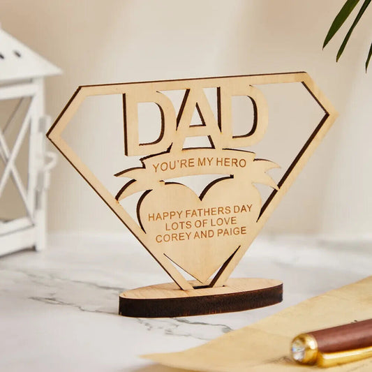 Personalised Fathers Day Name Dad Custom Engraved Wooden Plaque Stand Gift