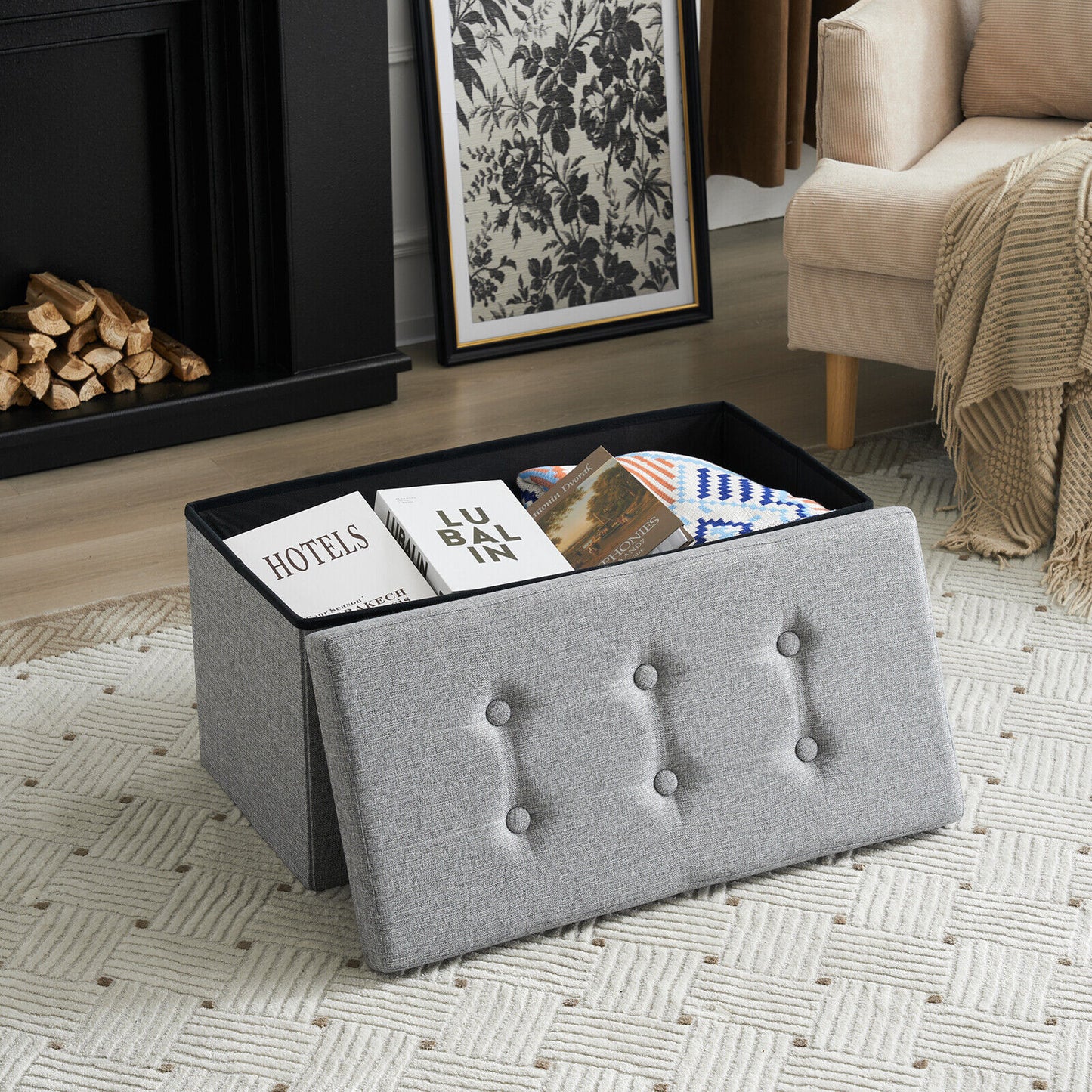 Folding Ottoman Storage Box Pouffe Seat Stool Home Chair Foot stool Bench LINEN