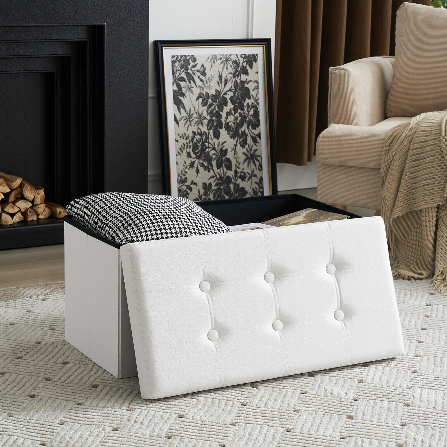 Folding Ottoman Storage Box Pouffe Seat Stool Home Chair Foot stool Bench LINEN
