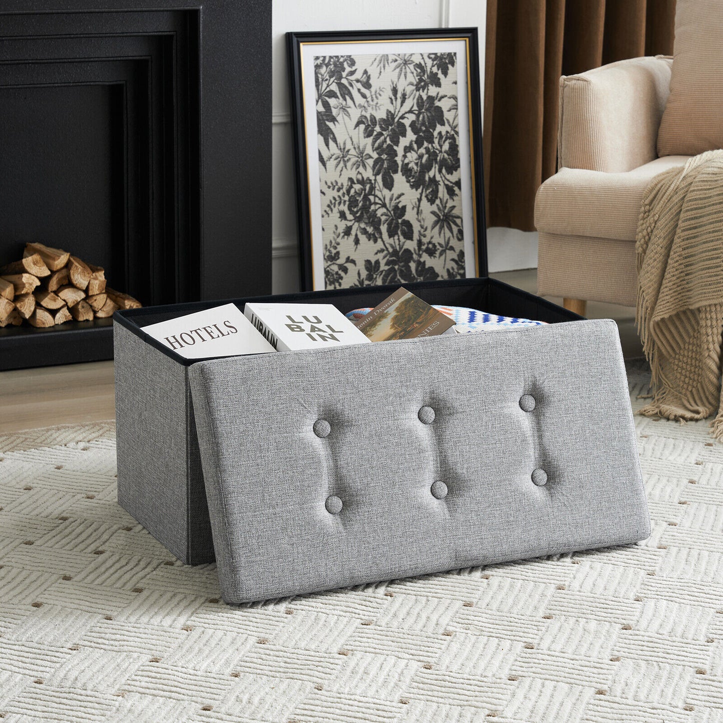 Folding Ottoman Storage Box Pouffe Seat Stool Home Chair Foot stool Bench LINEN