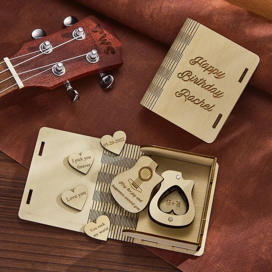 Personalised Custom Heart Guitar Picks with Guitar Shaped Box Engrave Wooden Box