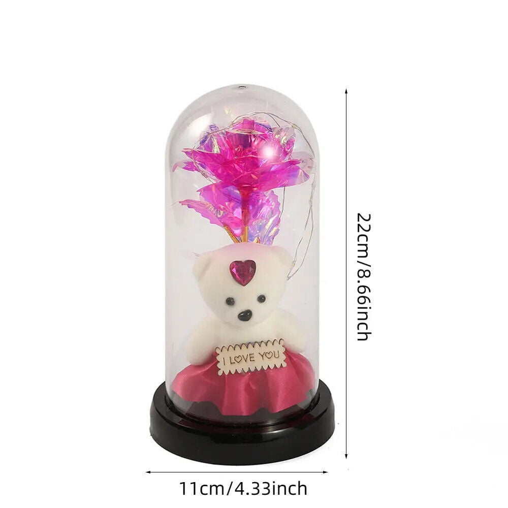 Light Up Rose in Glass Dome Infinity Flower Birthday Bear Gift For Her Xmas Gift