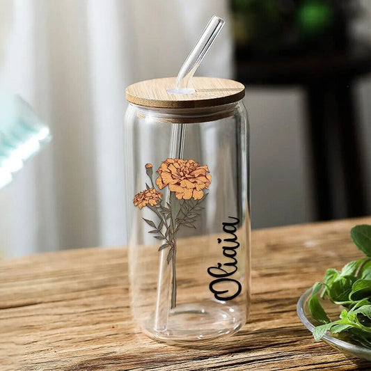 Personalized Name Can Glass with Colorful Birth Flower Custom Can Glass w Straw