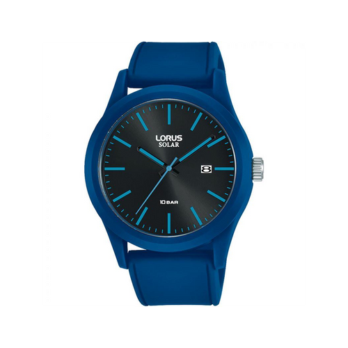 Lorus Mens Sport Solar Powered Black Dated Dial Rubber Blue Bracelet Strap Watch