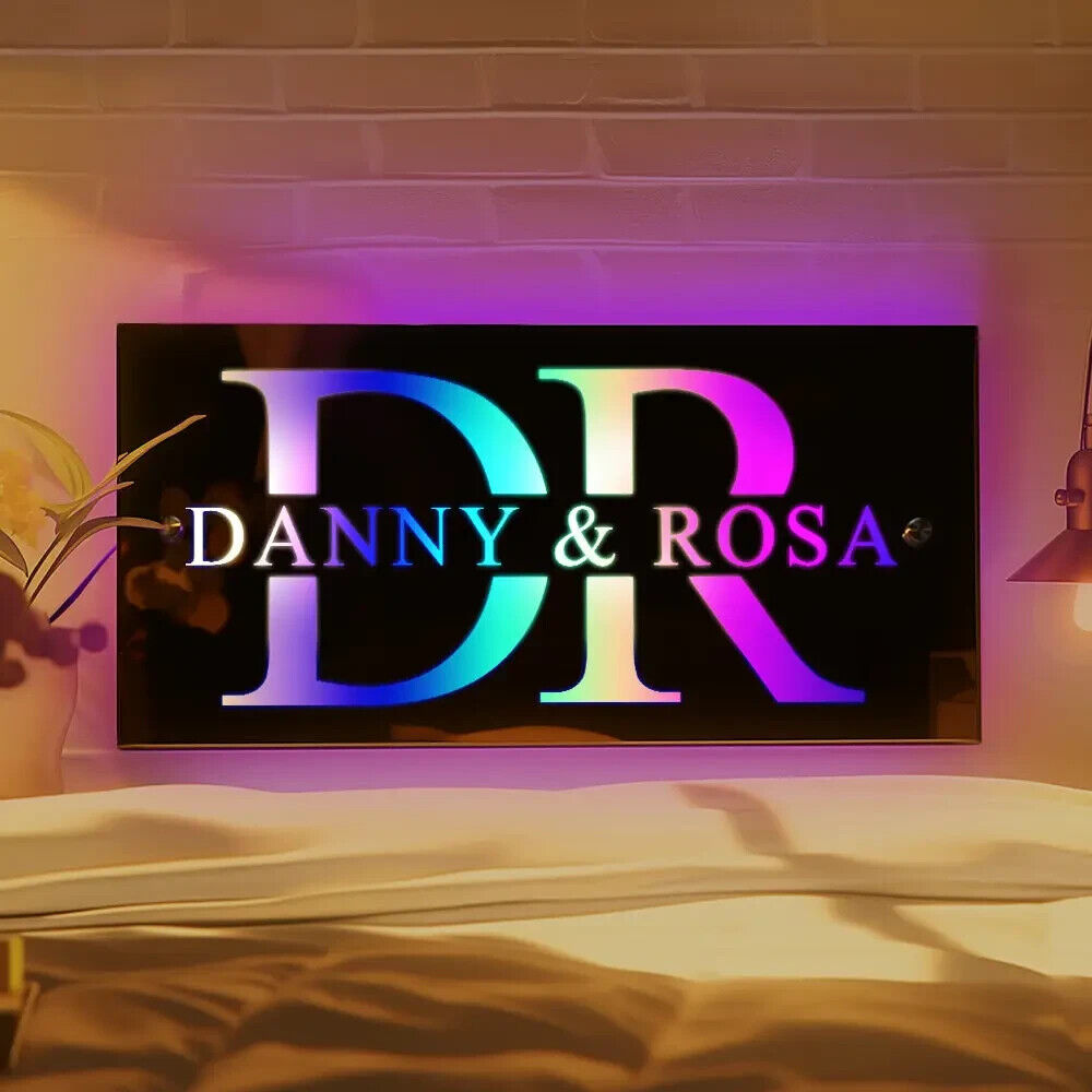 Personalised Name Mirror Sign, LED Custom Illuminated Light Up Couple Sign