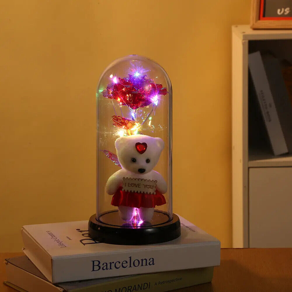 Light Up Rose in Glass Dome Infinity Flower Birthday Bear Gift For Her Xmas Gift