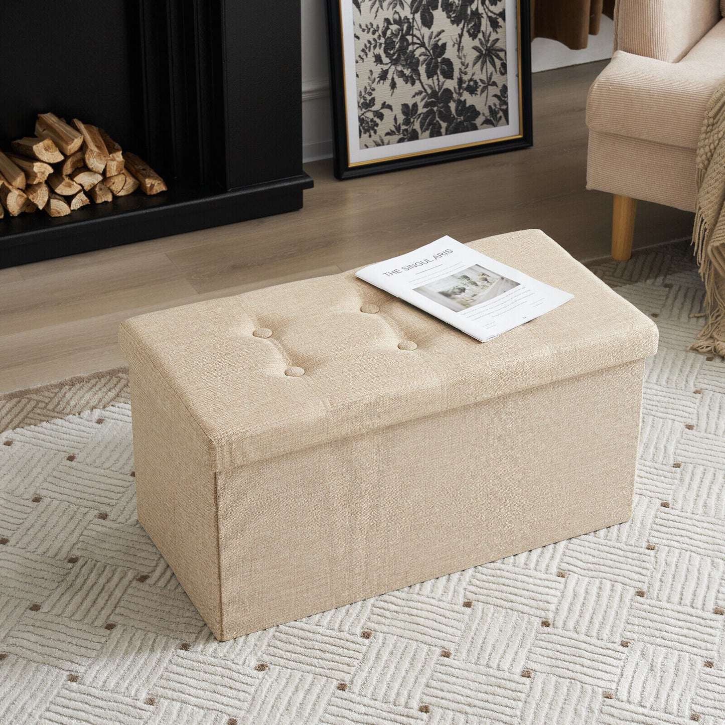 Folding Ottoman Storage Box Pouffe Seat Stool Home Chair Foot stool Bench LINEN