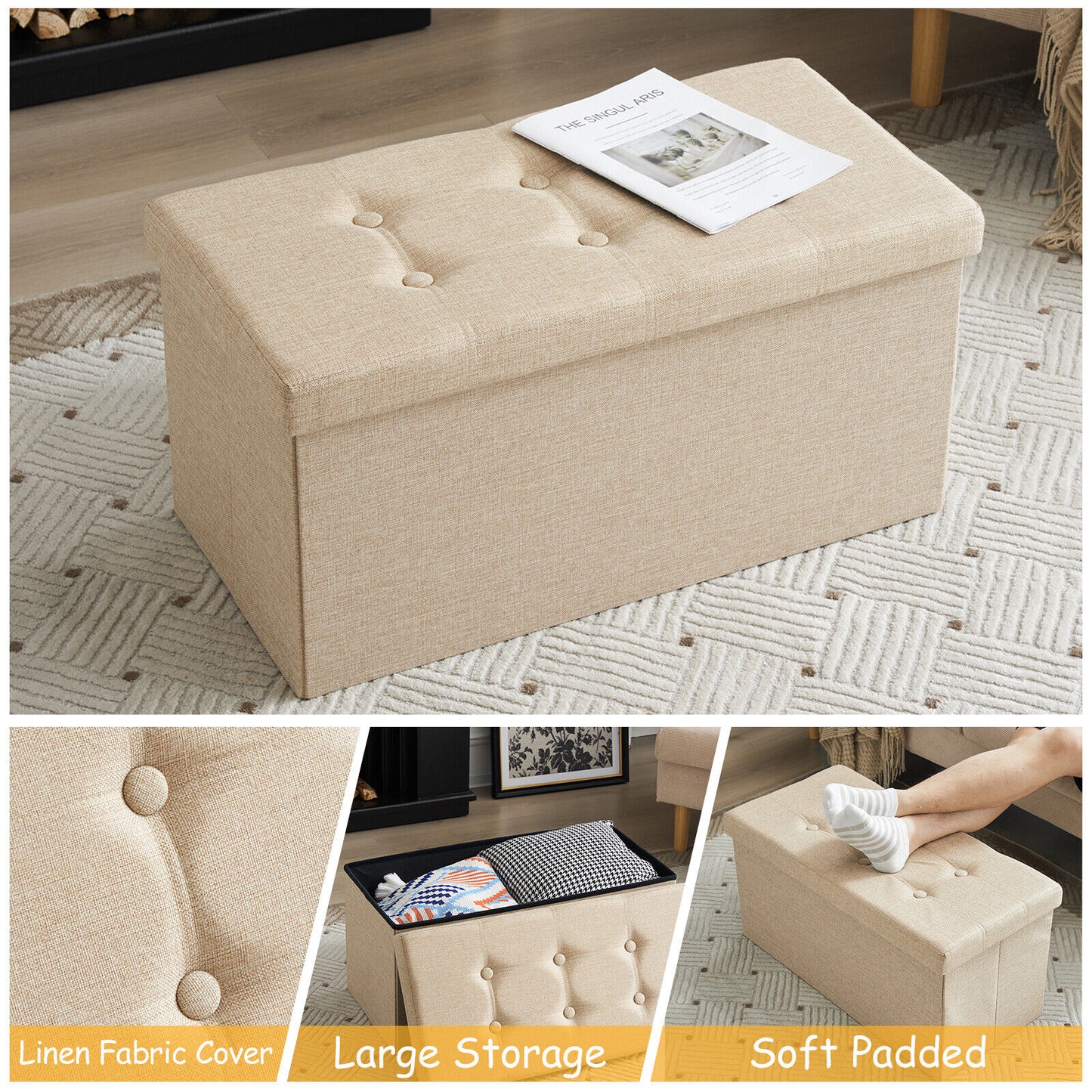 Folding Ottoman Storage Box Pouffe Seat Stool Home Chair Foot stool Bench LINEN