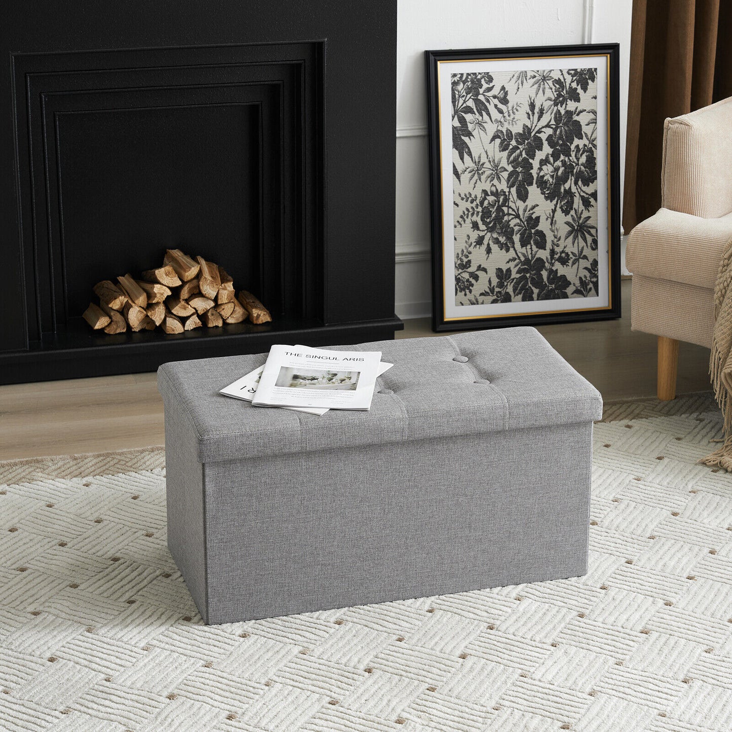 Folding Ottoman Storage Box Pouffe Seat Stool Home Chair Foot stool Bench LINEN