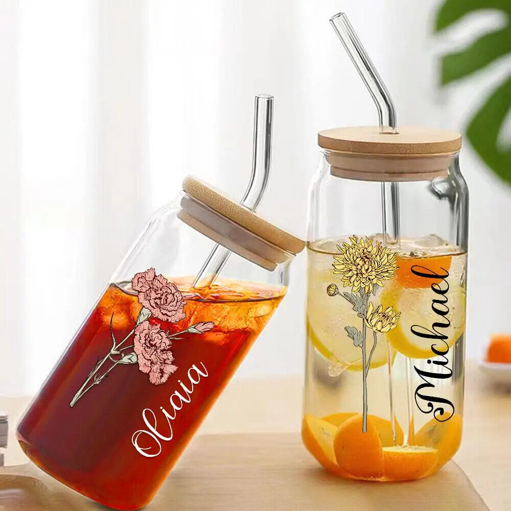 Personalized Name Can Glass with Colorful Birth Flower Custom Can Glass w Straw